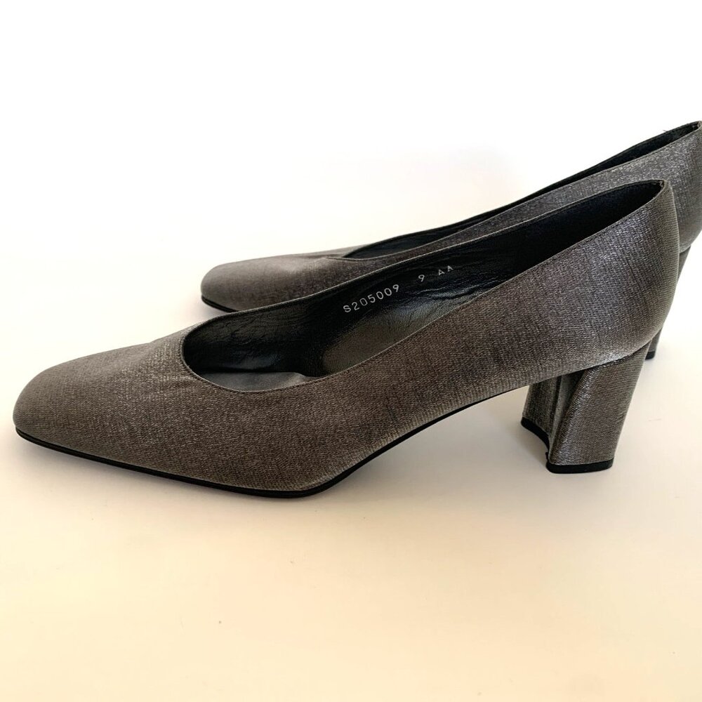 Stuart Weitzman Size 9 AA Silver Satin Square Toe Pumps Womans Shoes Heels - Picture 4 of 12